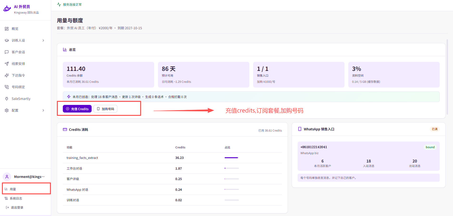 用量页「总览」：Credits 余额、预计可用天数、销售入口和资料空间，下方可「充值 Credits」或「加购号码」。截图中的数值仅作示例。