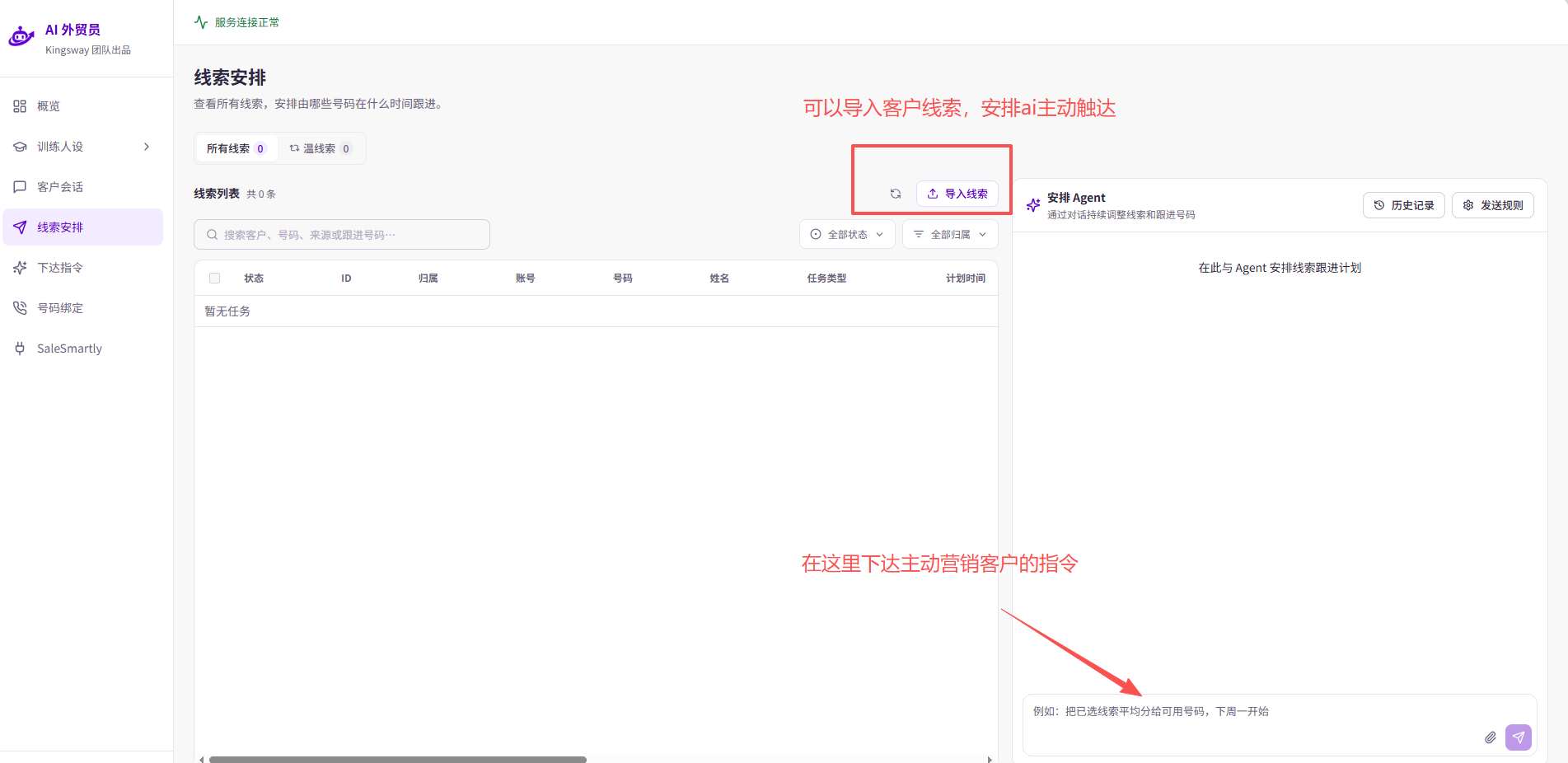 线索安排页的「导入线索」入口；右侧「安排 Agent」可以继续接收分配客户和安排跟进的指令。