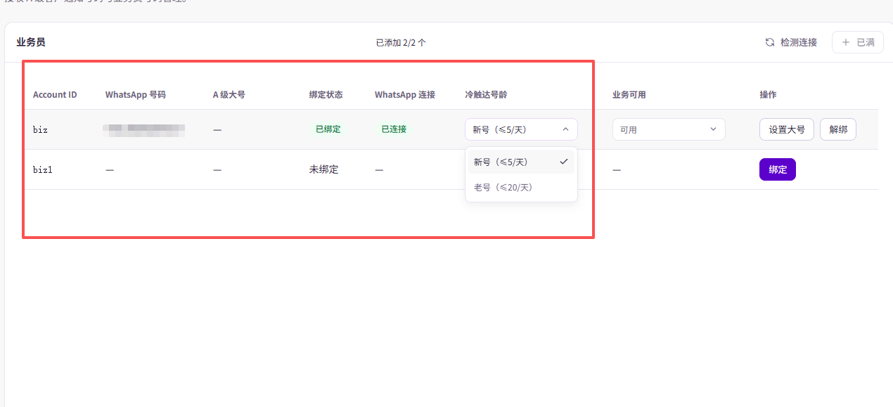 业务员表格里的「冷触达号龄」列，能看到新号（≤5/天）或老号（≤20/天）。