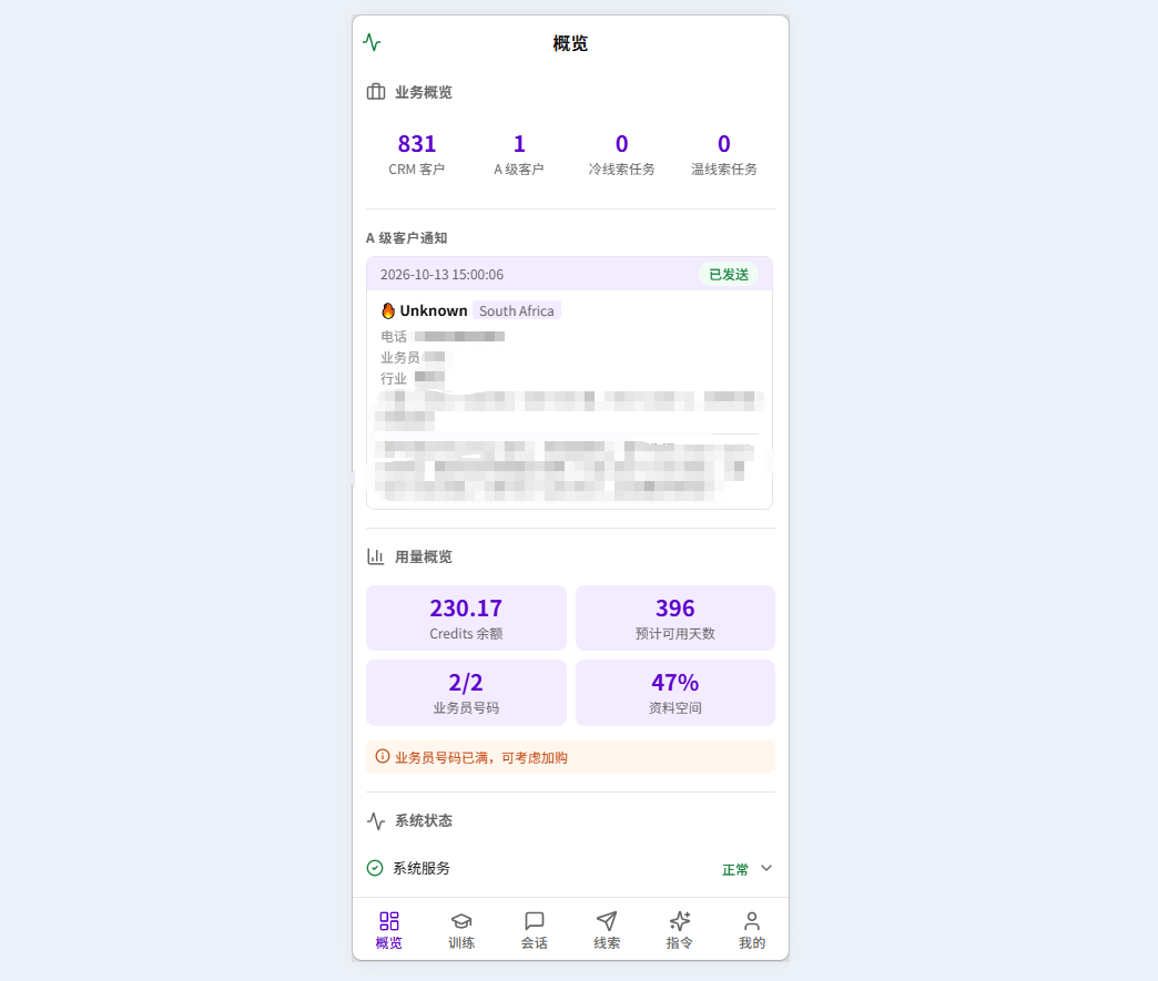手机端概览：业务数据、用量和系统状态集中显示，底部是概览、训练、会话、线索、指令、我的六个入口。